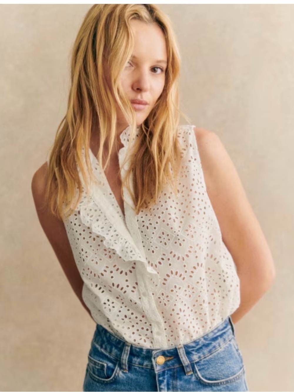 Sezane Celinda white Eyelet Sleeveless Blouse